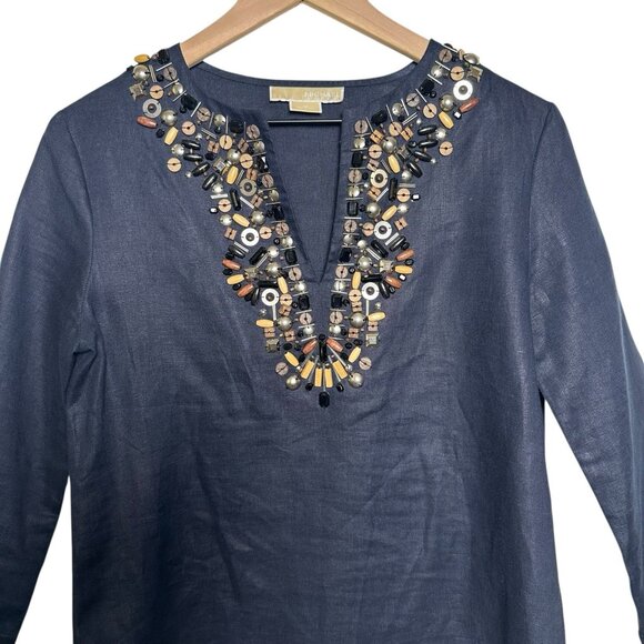 Michael Kors Small Navy 100% Linen Tunic Shirt Embellished Top 3/4 Sleeve Office - Picture 2 of 10